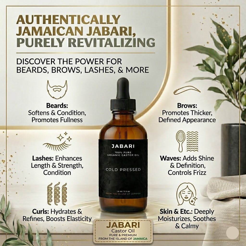 Jabari castor oil bottle with product benefits on a decorative background