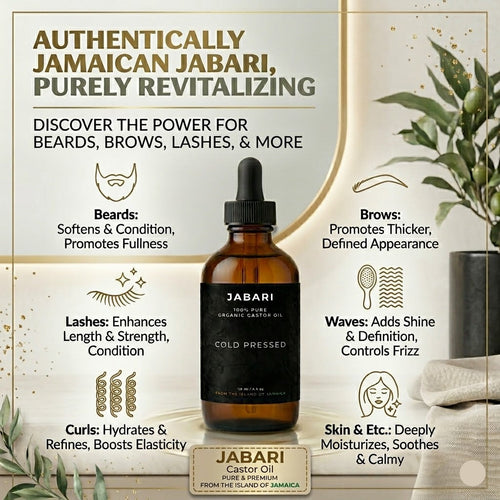 Jabari castor oil bottle with product benefits on a decorative background