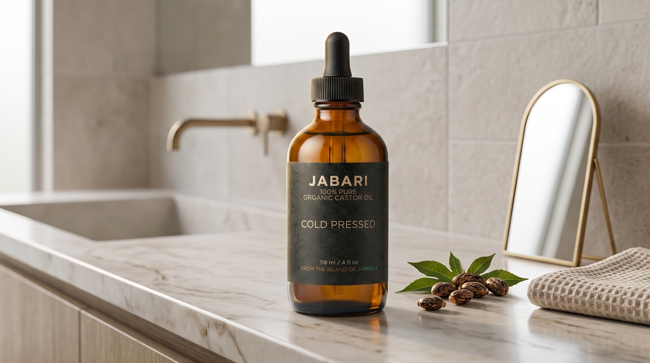 A bottle of JABARI Organic Cotton Cold Pressed Oil stands on a marble bathroom counter next to a folded towel, small green leaves, and coffee beans, with a mirror and sink in the background.